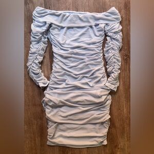 SHEIN Light Blue Off-Shoulder Ruched Long Sleeve Bodycon Dress